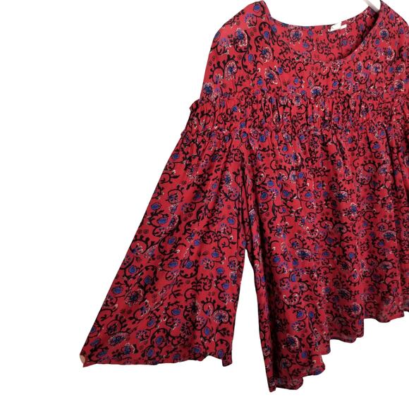 GAP Tiered Ruffle Red Floral Print Rayon Cotton Blend Top (#400765-02) - Size L - Picture 2 of 10